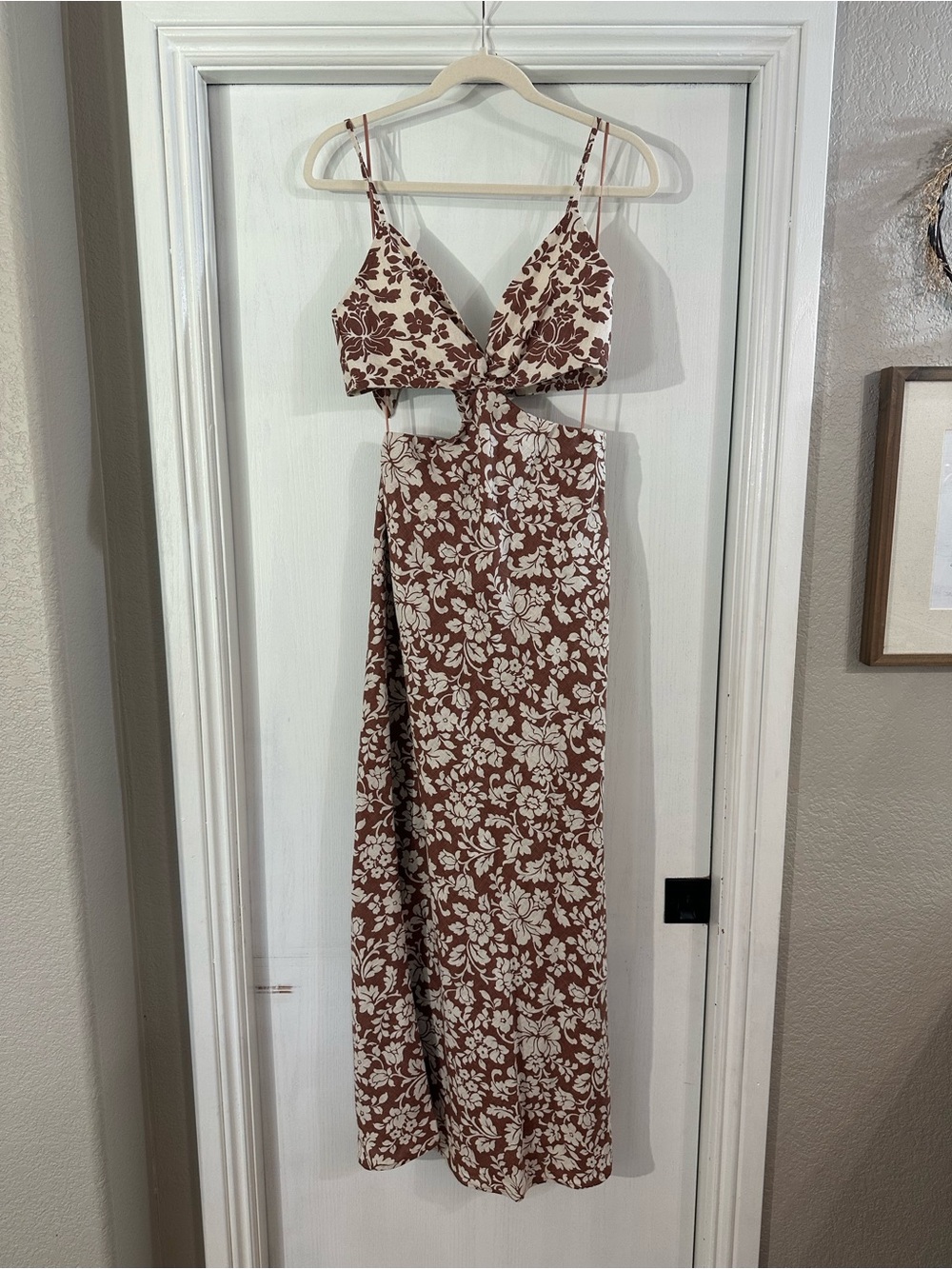Abercrombie & Fitch Brown and Cream Floral Cutout Maxi Dress